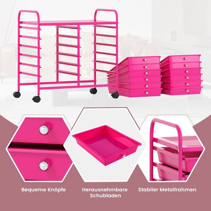 Mobile Storage Cart with 12 Stackable Drawers, Dark Pink