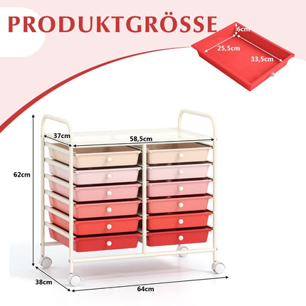 Mobile Storage Cart with 12 Stackable Drawers, Pink