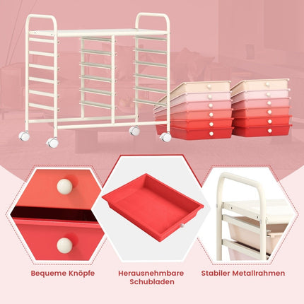 Mobile Storage Cart with 12 Stackable Drawers, Pink