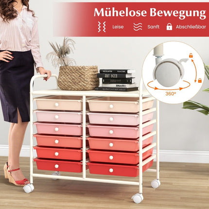 Mobile Storage Cart with 12 Stackable Drawers, Pink