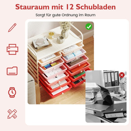 Mobile Storage Cart with 12 Stackable Drawers, Pink