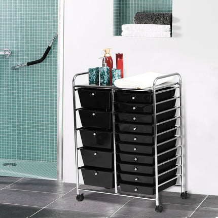 Mobile Storage Cart with 15 Stackable Drawers, Black