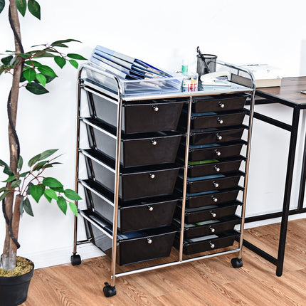 Mobile Storage Cart with 15 Stackable Drawers, Black
