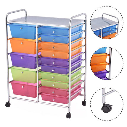 Mobile Storage Cart with 15 Stackable Drawers, Metal Frame