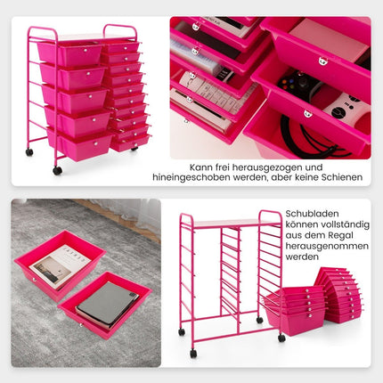 Mobile Storage Cart with 15 Stackable Drawers, Pink