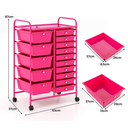 Mobile Storage Cart with 15 Stackable Drawers, Pink