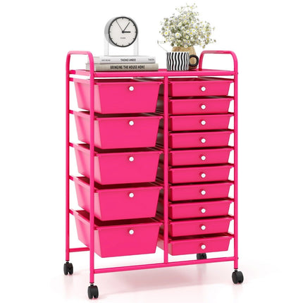 Mobile Storage Cart with 15 Stackable Drawers, Pink