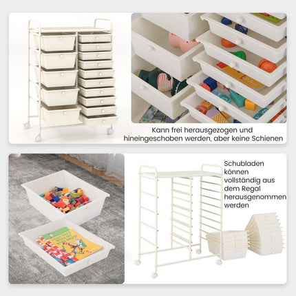 Mobile Storage Cart with 15 Stackable Drawers, White