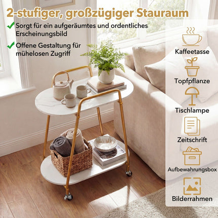 Mobile Two-Tier Side Table with Faux Marble Surface