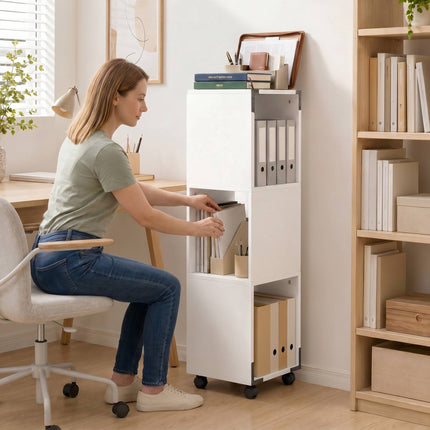 Mobile White File Cabinet with 3 Shelves and Printer Stand
