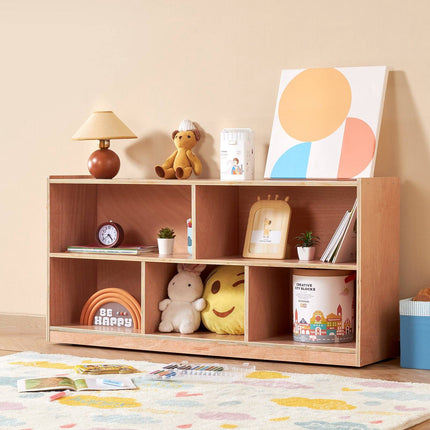 Mobile Wood Cubby Storage Cabinet, 5 Compartments, 2-Shelf