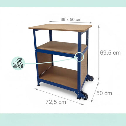 Mobile Workbench With Casters, Pegboard, Adjustable Height