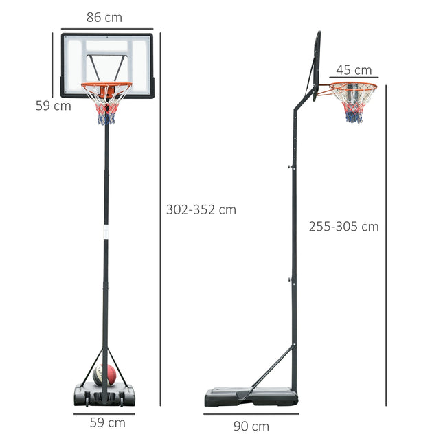Adjustable basketball hoop with steel stand, 90-352 cm