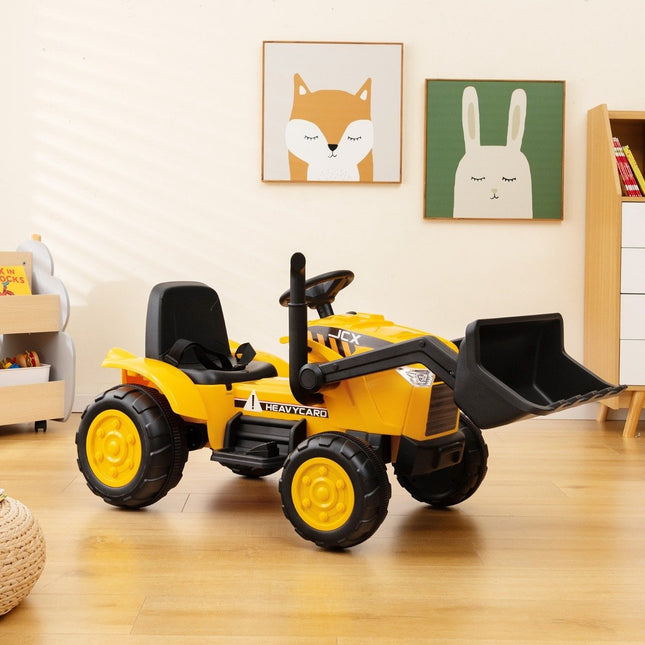Mobile children's excavator with adjustable digging shovel for children aged 3 to 8 years. Yellow