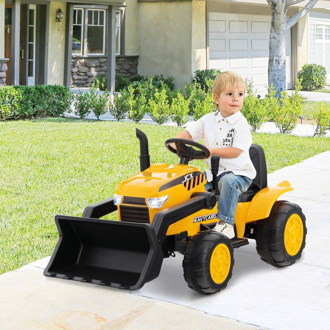 Mobile children's excavator with adjustable digging shovel for children aged 3 to 8 years. Yellow