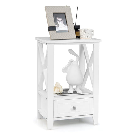 Modern 2-tier bedside table in X design with drawer 40 x 30 x 61.5 cm white