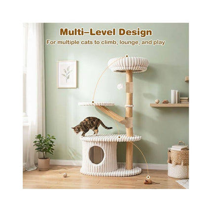 Modern 41 Inch Cat Tower with Real Wood Branches, Scratching Posts, Beige