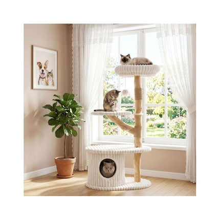 Modern 41 Inch Cat Tower with Real Wood Branches, Scratching Posts, Beige