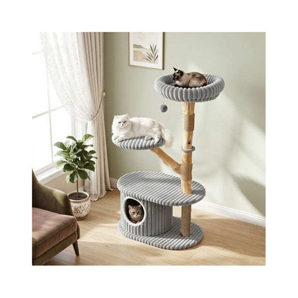 Modern 41 Inch Cat Tower with Real Wood Branches, Scratching Posts, Grey