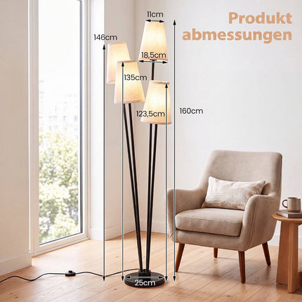 Modern 4-Light Floor Lamp with Fabric Shades & Foot Switch