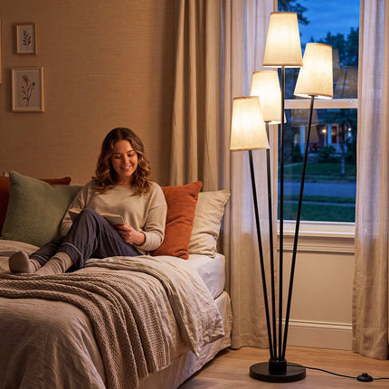 Modern 4-Light Floor Lamp with Fabric Shades & Foot Switch