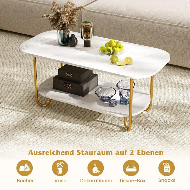 Modern Coffee Table with Faux Marble Top, 2-Tier Design
