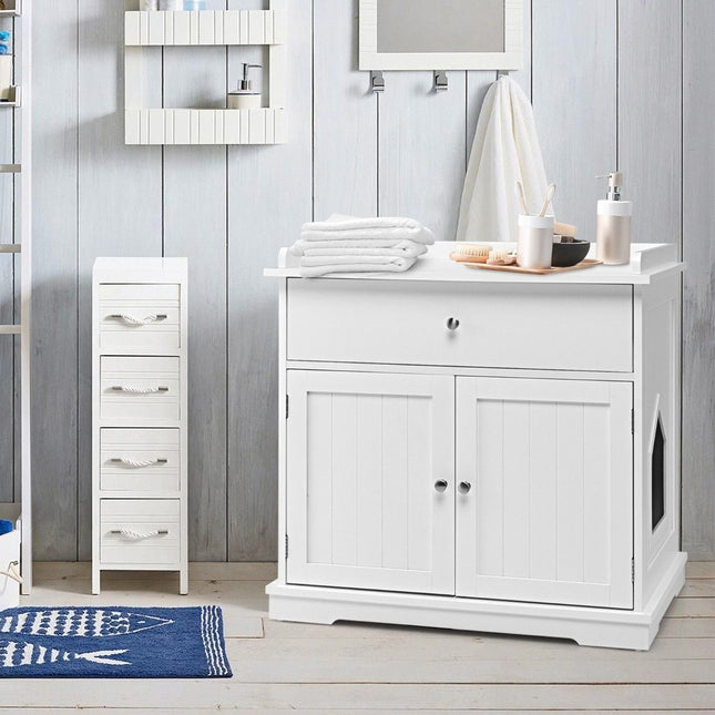 Modern Decorative Cat Litter Tray Side Table with Drawer and 2 Doors for Indoor Use White
