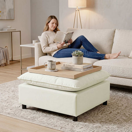 Modern Fabric Ottoman with Plastic Legs, 75 cm, Cream White