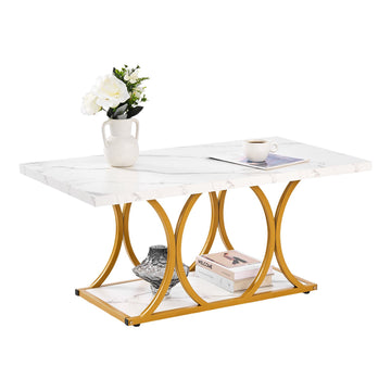 Modern Faux Marble Coffee Table, 2-Tier Metal Frame