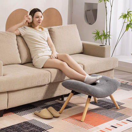 Modern Footstool with Fleece Cover, Wood Legs, Dark Grey