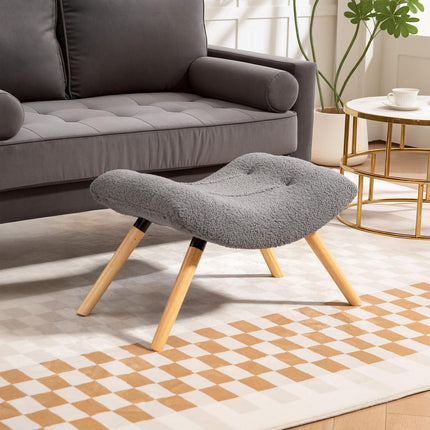Modern Footstool with Fleece Cover, Wood Legs, Dark Grey