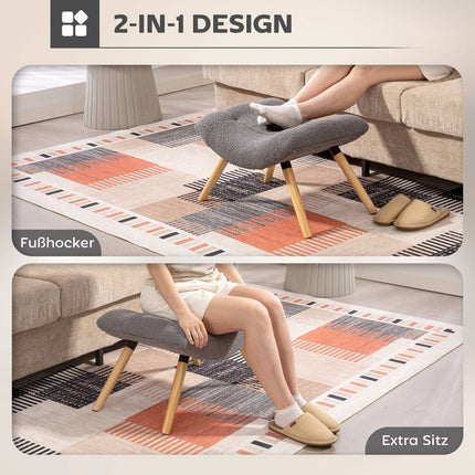 Modern Footstool with Fleece Cover, Wood Legs, Dark Grey