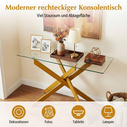 Modern Glass Console Table with Gold Metal Legs