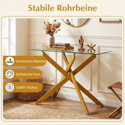 Modern Glass Console Table with Gold Metal Legs