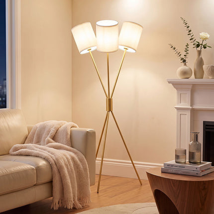 Modern Gold Tripod Floor Lamp with Fabric Shades