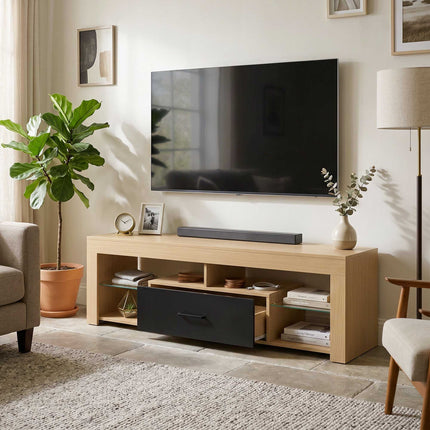 Modern Oak TV Stand with Adjustable Glass Shelves, 65-Inch