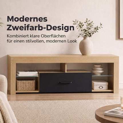 Modern Oak TV Stand with Adjustable Glass Shelves, 65-Inch