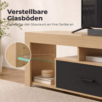Modern Oak TV Stand with Adjustable Glass Shelves, 65-Inch