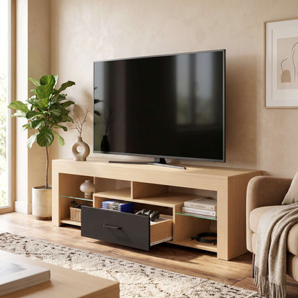 Modern Oak TV Stand with Adjustable Glass Shelves, 65-Inch