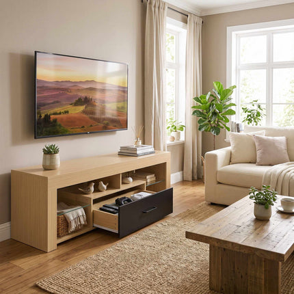Modern Oak TV Stand with Adjustable Glass Shelves, 65-Inch