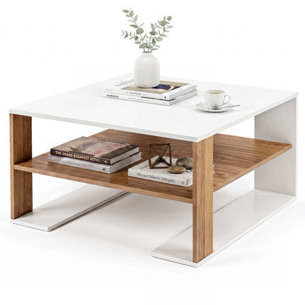 Modern White Square Coffee Table with Storage Shelf