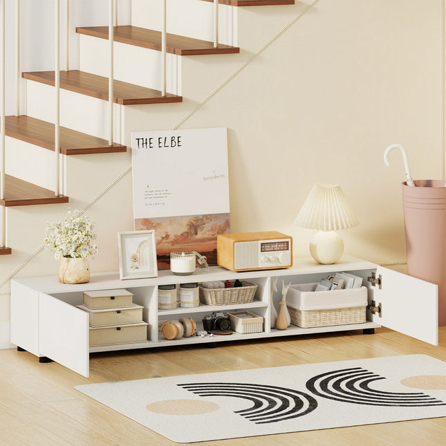 Modern White TV Stand for 70" Screens, 2 Doors, Shelves