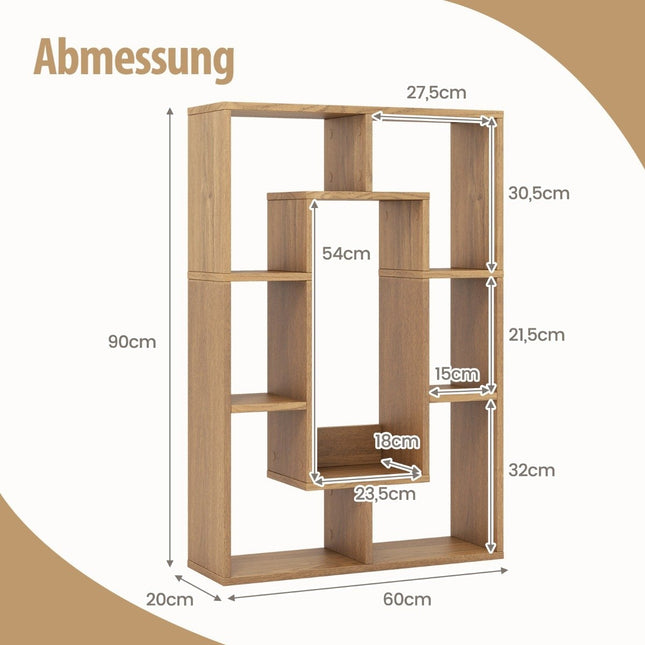 Modern bookcase with 7 compartments and anti-tip geometric open standing shelf natural