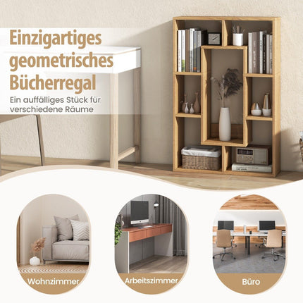 Modern bookcase with 7 compartments and anti-tip geometric open standing shelf natural