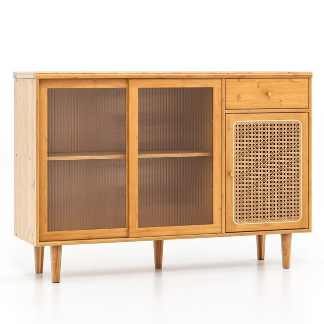 Modern buffet cabinet with sliding doors made of tempered glass rattan boho sideboard
