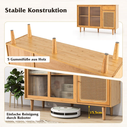 Modern buffet cabinet with sliding doors made of tempered glass rattan boho sideboard