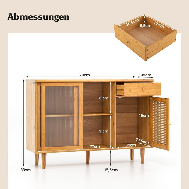 Modern buffet cabinet with sliding doors made of tempered glass rattan boho sideboard