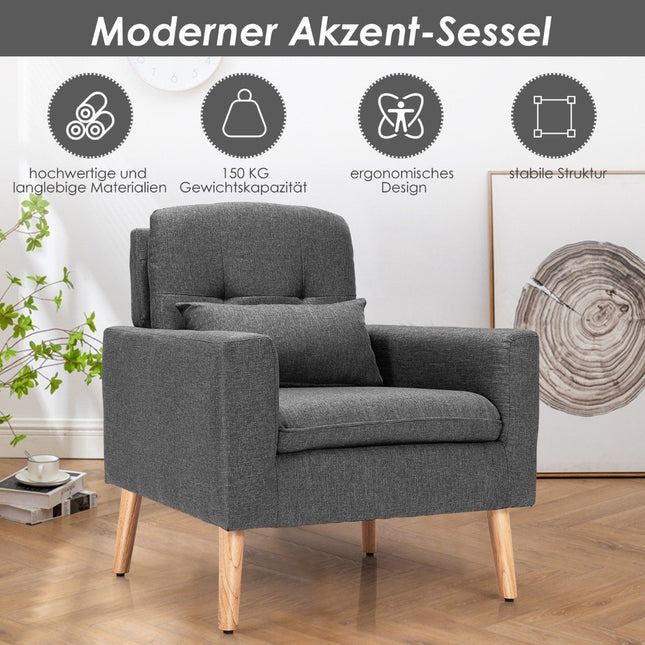 Moderne relaxfauteuil met armleuningen en rugkussens. Gestoffeerde eenpersoonsbank grijs 73 x 77 x 85 cm