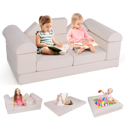 Modular Children's Foam Sofa Set, 9-Piece, Beige Suede