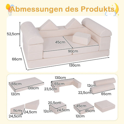 Modular Children's Foam Sofa Set, 9-Piece, Beige Suede
